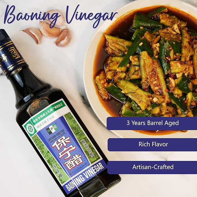 NPG Baoning Vinegar 16.9 Fl Oz, Barrel Aged Black Rice Vinegar, Authentic from Sichuan, Artisan Crafted, Naturally Brewed Chinese Black Vinegar For Dumplings, Xiao Long Bao, Sushi, Salad, Marinade, Stir Fry