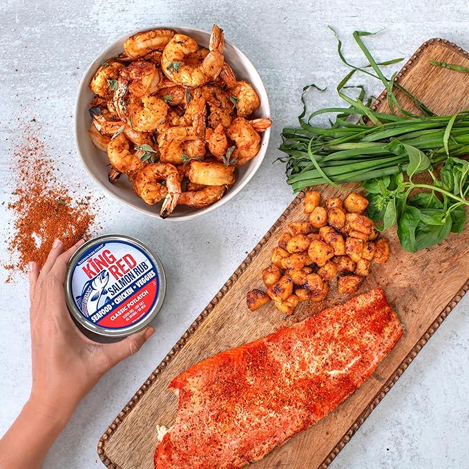 King Red Salmon Rub ??Classic Potlatch Seasoning Dry Spice Blend - Grilled Salmon, Seafood and Veggies ??All Natural, Gluten-Free, Keto, Low Salt and No MSG ??3oz Fresh-Sealed Pouch in Reusable Tin