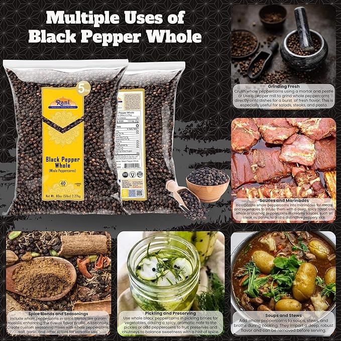 Rani Black Pepper Whole (Peppercorns), Premium MG-1 Grade 80oz (5lbs) 2.27kg Bulk ~ All Natural | Gluten Friendly | Non-GMO | Kosher | Product of Vietnam | Perfect size for Grinders!