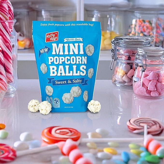Kathy Kaye Mini Popcorn Balls | Sweet & Salty Bite-Sized Snacks | Light, Crisp & Delicious | 6-Pack of 5 oz. Bags | Perfect for Parties, Lunches, Concessions & Goody Bags | Classic Flavor, Mini Size Fun!