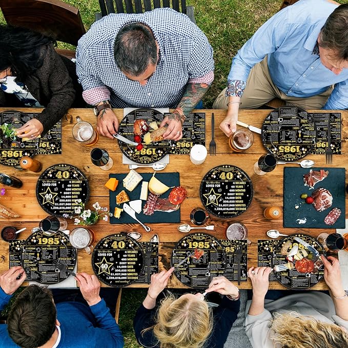 96Pcs 40th Birthday Plates and Napkins Back in 1985 Party Decorations Black Gold 40 Year Old Dessert Plates 1985 Birthday Cheers to 40 Years Theme Tableware Set for 24 Guests Men Women Party Supplies