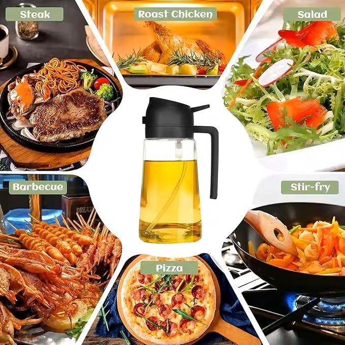 Oil Sprayer for Cooking 2 in 1, 470ml/16oz, Oil Spray & Dispenser Glass Bottle, Food-grade material for Kitchen, Salad Dressing, Frying, Air Fryer & BBQ (Black)
