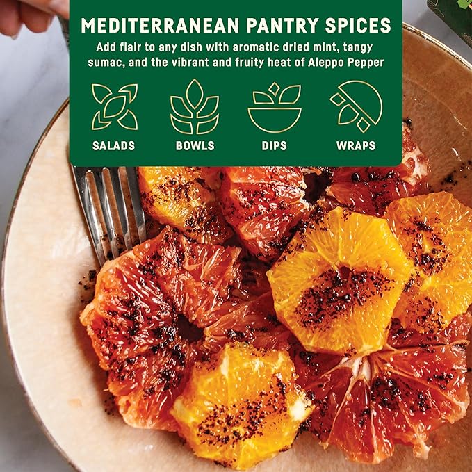 Afia Mediterranean Pantry Spices Gift Set | Aleppo Pepper, Dried Mint & Sumac | Seasoning Set for Steak, Chicken, Vegetables & BBQ Rub (Pack of 3)