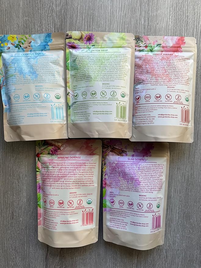 Gardenika Organic Loose Leaf Tea Set - Herbal and Caffeine-Free Variety - Kosher, No Natural or Artificial Flavors - 5 Pack