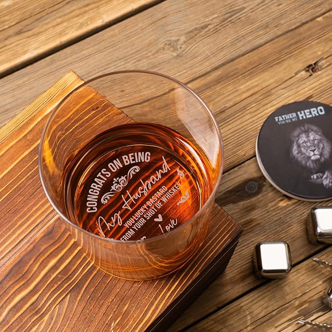 Whiskey Rocks Glass Father's Day Gift For Husband, Congrats On Being My Husband, Christmas Birthday Gifts for Husband from Wife