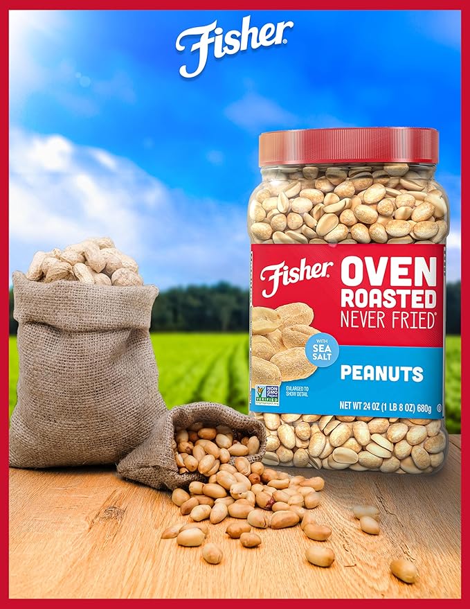 Fisher Oven Roasted Never Fried Peanuts, 24 Ounces (Pack of 6), Snacks for Adults, Made With Sea Salt, No Added Oils, Artificial Ingredients or Preservatives, Gluten Free, Vegan Protein, Bulk