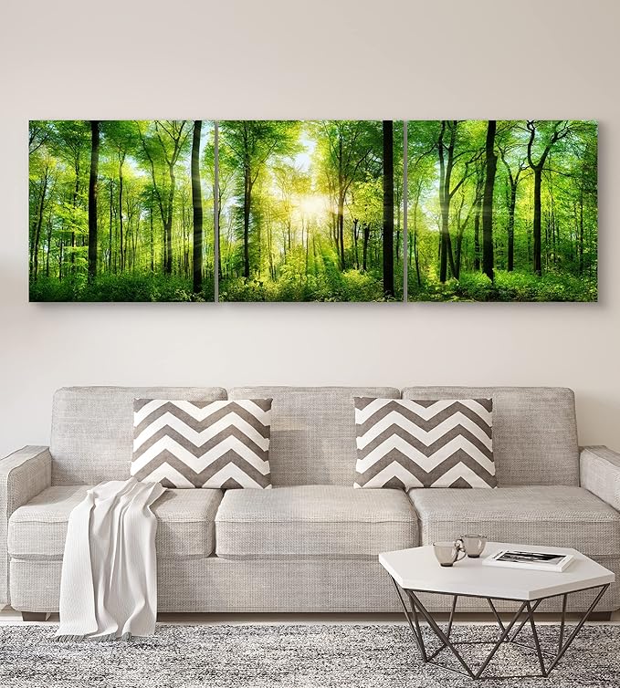 Forest Wall Art Decor - Large Canvas Art 24x72 - 3 Panel Green Nature Print - Forest Picture of Trees Wall Art - Landscape Nature Canvas Wall Art for Living Room, Bedroom & Office