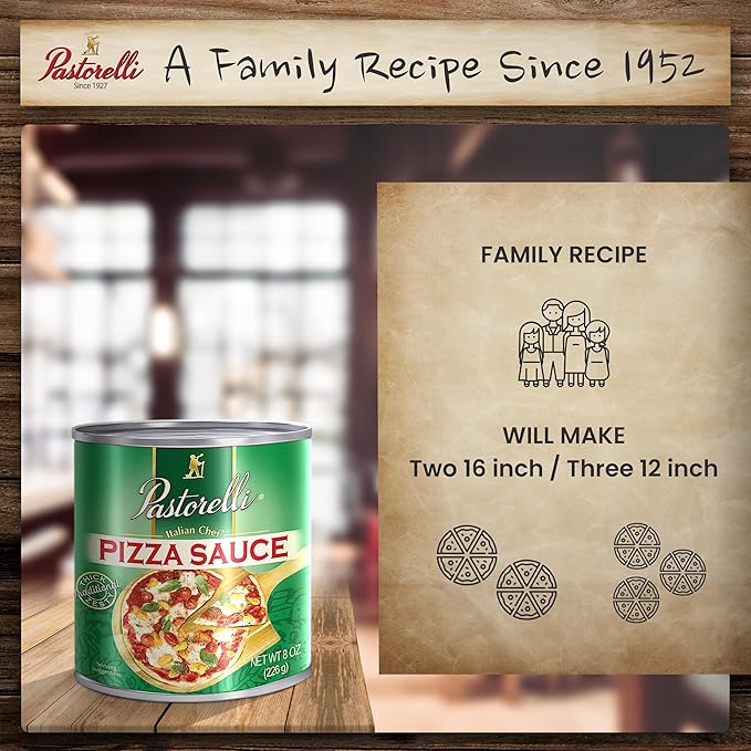 Pastorelli Pizza Sauce, Original Authentic Italian Pizza Sauce with Extra Virgin Olive Oil and Pecorino Romano Cheese Shredded, Since 1952 Family Pizza Sauce Recipe, 8 Ounce, 6-Pack