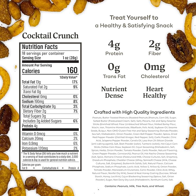 Belmont Peanuts Cocktail Crunch Mix, 18 oz (1 Pack) ??Pecans, Butter Toffee Virginia Peanuts, Sesame Sticks, Rice Sticks, Seasoned Peanuts ??Simple Ingredients, No Preservatives, Hand Seasoned