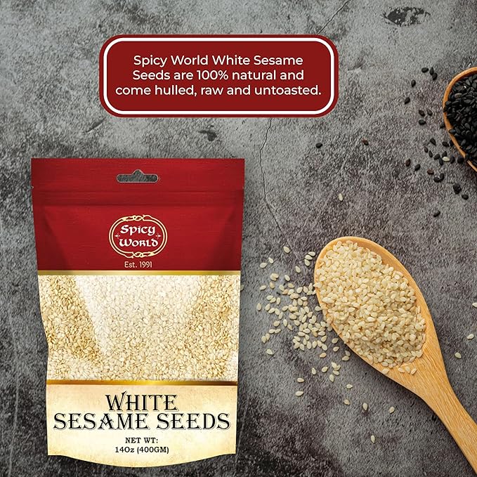 White Sesame Seeds 14oz Bag - Natural, Raw, Hulled - By Spicy World