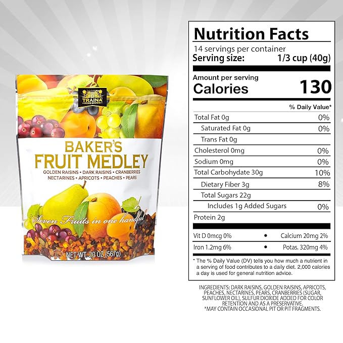 Traina Home Grown Baker?셲 Fruit Medley - Diced Peaches, Cranberries, Apricots, Pears, Nectarines, and Raisins - Non GMO, Gluten Free, Value Size (20 oz)