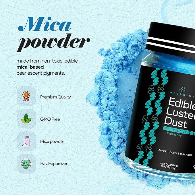 BeePoint Teal Blue Edible Luster Dust 15g - Food Grade, Vibrant Color Shimmer Powdered Dust for Drinks, Cocktails, Cake Decorating, Baking, Chocolates, Candy, Sweets, & Cookies - Vegan & Gluten Free