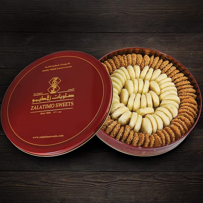 Zalatimo Sweets Since 1860, 100% All-Natural Sesame & Butter Shortbread Cookies, Round Gift Tin, Slightly Sweet Cookies with No Preservatives, No Additives, No Corn Starch, No Syrups! 1.65Lbs