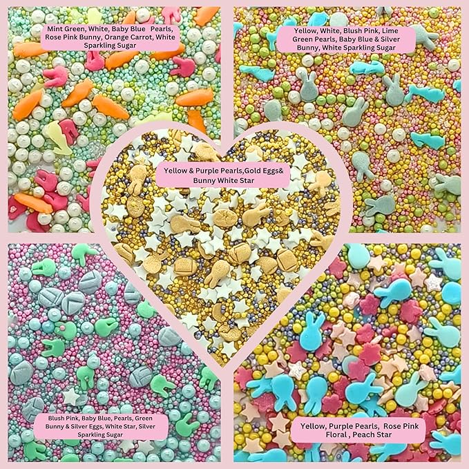 Confect Easter Sprinkles Edible | Assorted pack of 5 Parrot Green, Yellow, Pink, White and Silver Pearls & Stars I Cookies, Desserts & cupcake Decorating | Edible Sprinkles Mix for Baking & Cake