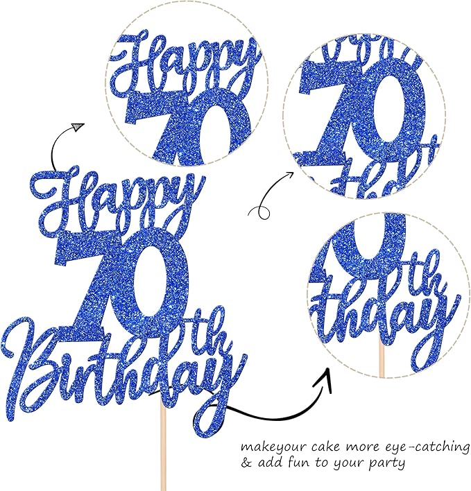 1 PCS Happy 70th Birthday Cake Topper Glitter Cheers to 70 Years Birthday Cake Pick Seventy Hello 70 Fabulous Cake Decoration for Happy 70th Birthday Anniversary Party Decorations Supplies Blue
