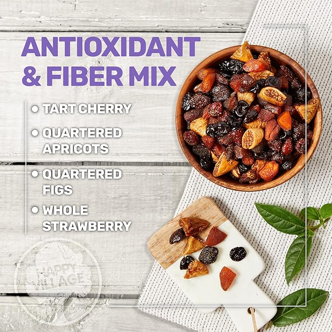 Happy Village Organic Dried Fruit Mix - Apricots, Figs, Strawberries & Tart Cherries, 20 OZ - Kosher, Non-GMO, No Refined Sugar, Vegan, Unsulfured Dried Fruit Medley