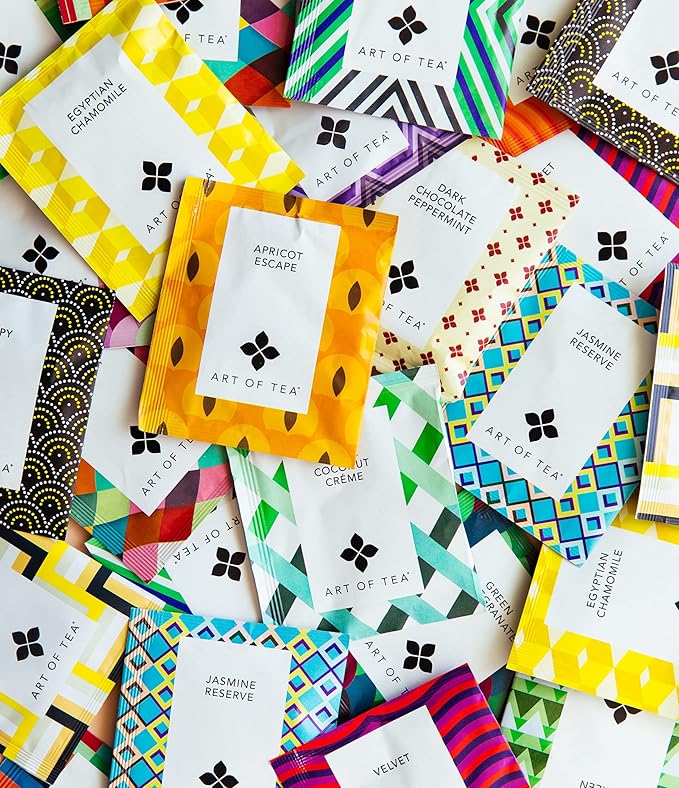 Art of Tea | Assorted Tea Bags Sampler Caffeinated and Non-Caffeinated | 50 Eco Friendly Pyramid Tea Bag Sachets
