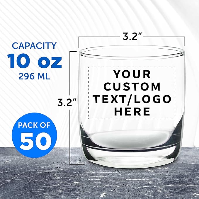 DISCOUNT PROMOS Custom Whiskey Glasses 10 oz Set of 50, Personalized Bulk Pack - Heavy Base Old Fashioned Glass, Perfect for Scotch, Bourbon, Whiskey, Cocktail - Clear Bottom Color