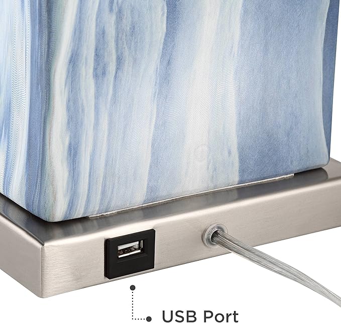360 Lighting Connie Modern Table Lamps 25" Tall Set of 2 with USB Charging Ports Blue Faux Marble White Rectangular Shade for Bedroom Living Room House Desk Bedside Nightstand Office Family