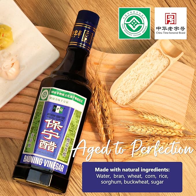 NPG Baoning Vinegar 16.9 Fl Oz, Barrel Aged Black Rice Vinegar, Authentic from Sichuan, Artisan Crafted, Naturally Brewed Chinese Black Vinegar For Dumplings, Xiao Long Bao, Sushi, Salad, Marinade, Stir Fry