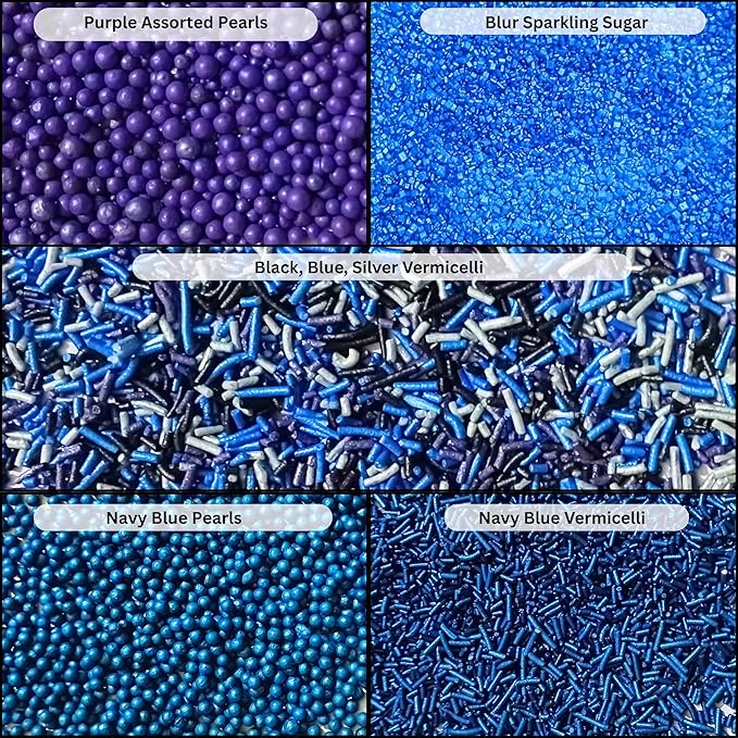 Confect Edible Cake Sprinkles ??Decorating Mix | Navy & Blue Purple Pearls, Silver & Black Jimmies, Blue Sparkling Sugar | Sprinkles for Cake, Cupcake & Cookie Decoration - Vegan, Gluten-Free, Nut-Free, Soy-Free, Dairy-Free, Palm Oil-Free-5 Oz
