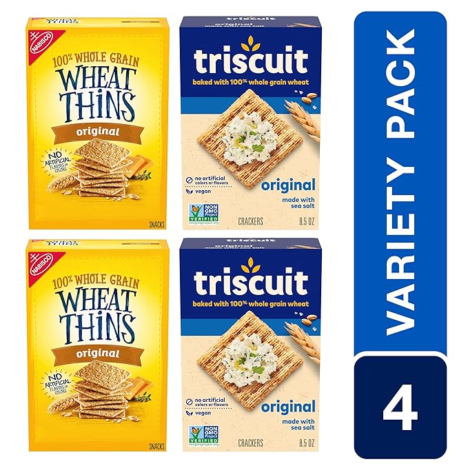 Triscuit Original Whole Grain Wheat Vegan Crackers and Wheat Thins Original Whole Grain Wheat Snacks Variety Pack, 4 Boxes
