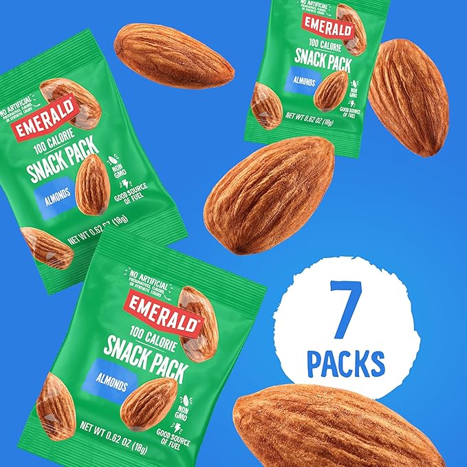 Emerald Nuts Whole Almonds 7ct (1-Pack), 100-Calorie Individual Packs, Kosher Certified, Non-GMO, Contains No Artificial Preservatives, Flavors or Synthetic Colors