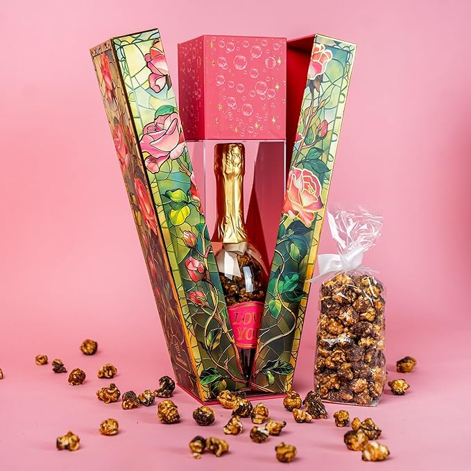 SendaCake Rose Bubble Box with Caramel White Chocolate Popcorn, Ready to Gift, No Assembly Required - Happy Birthday Surprise - Unique Birthday Gift for Women, Men, Sister, Mom, Dad, Best Friend