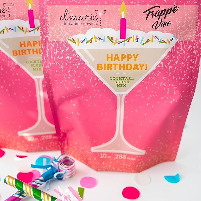 Frozen Cocktail Drink Mix - Makes 12 Martini Slushies - Drink Powder Pouches for Alcohol - All Natural Low Sugar Mixer, No Blender Needed - Happy Birthday