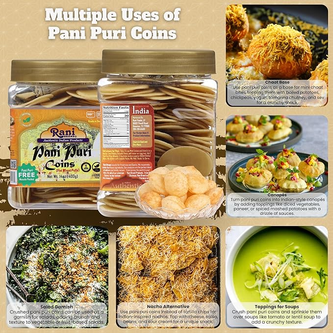 Rani Pani Puri Coins (Uncooked, Microwaveable Wheat Semolina Coins) 14oz (400g) w/Pani Puri Masala (14-Spice Blend for Indian Spicy Water) 1.75oz (50g) ~ All Natural | Vegan | NON-GMO | Kosher