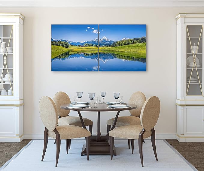Mountain Landscape Wall Art Decor - 2 Piece Set, Decorative Framed Winter Snowy Lake Landscape Canvas Art Multi Panel Split Prints for Living Room, Kitchen, Bedroom, Office & Home Decor Gift