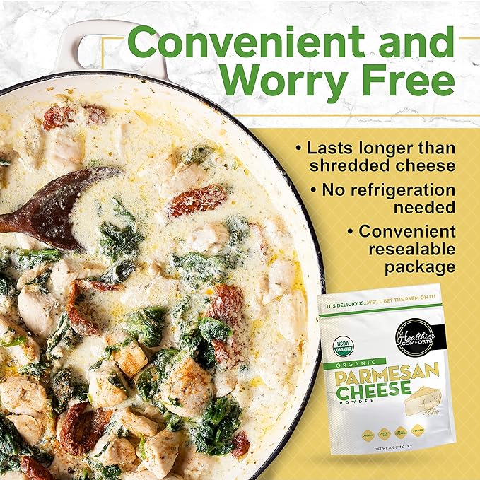 Healthier Comforts Organic Parmesan Cheese Powder, Kosher, Non-GMO, Chemical Free, Gluten Free, Keto Friendly, From Cows Raised Free of Antibiotics or Hormones (rBGH or rBST) (7 Ounce (Pack of 1), Organic Parmesan)