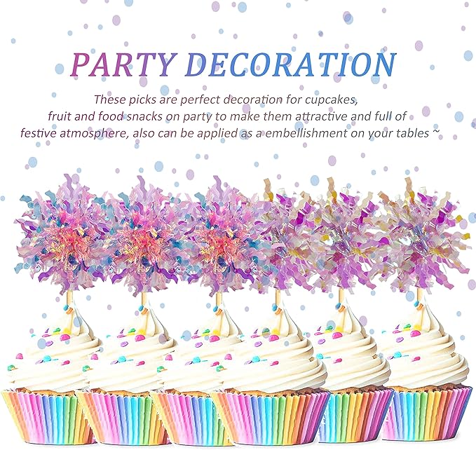 30PCS Foil Firework Cupcake Toppers, Happy Birthday Orange Cake Toppers, Sparkle Tinsel Flower Drink Stirrers Cocktail Food Fruit Toothpicks for Cake Decoration Party Supplies
