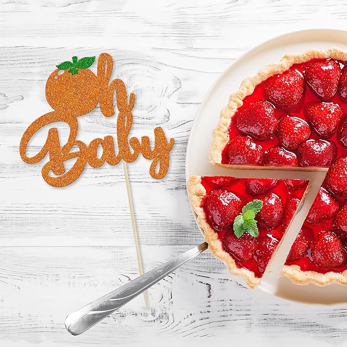 1Pc Little Oh Baby Cake Topper Glitter Orange Cake Pick Citrus Fruit Theme Baby Shower Kids Birthday Party Tangerine Clementine Fruit Party Cupcake Decorations Supplies