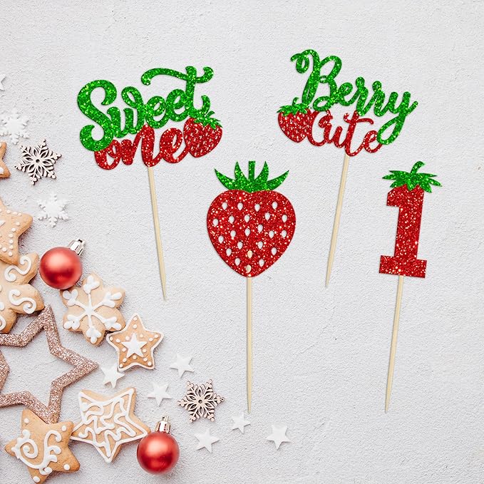 24Pcs Sweet One Cupcake Toppers Glitter First Birthday Strawberry Cupcake Picks for Fruit Baby Shower 1st Birthday Berry Sweet Cupcake Decorations Party Supplies Green