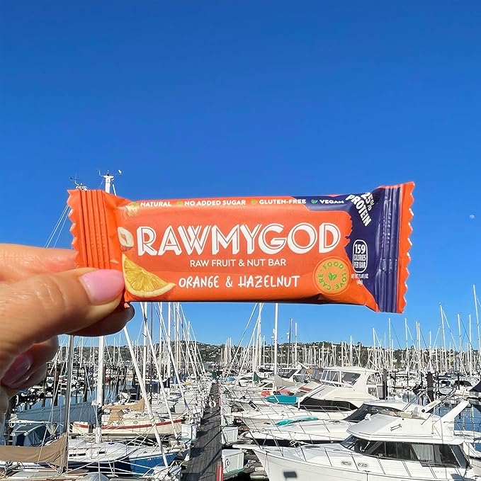 RAWMYGOD Fruit and Nut Bars, Good Source of Protein (10g, 25% protein content), Gluten Free, Vegan, No Added Sugar (16 bars, Orange & Hazelnut)