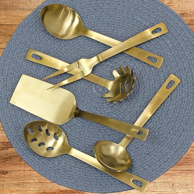 Darware Complete Serving Spoon & Utensil Set (6-Piece Set, Gold); w/Pasta Server, Fork, Spoon, Slotted Spoon, Ladle, & Cake/Casserole Server, SH_2629