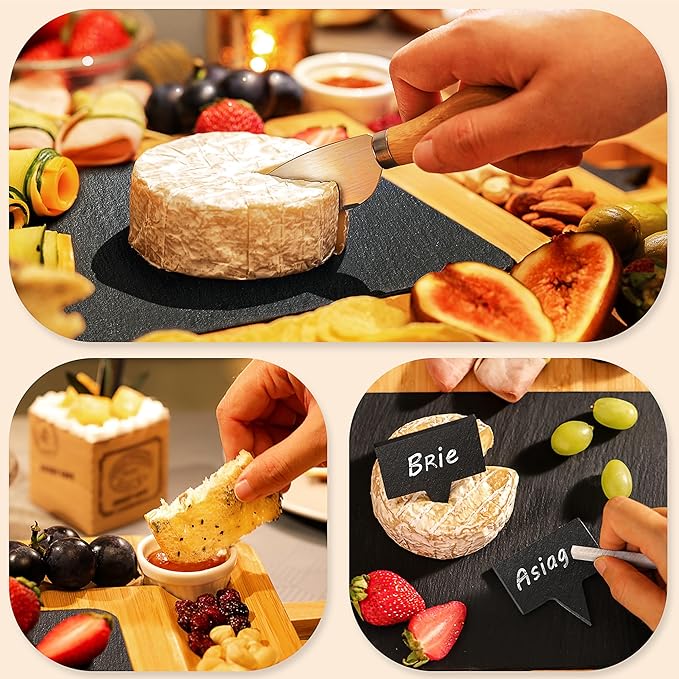 Easoger Large Bamboo Charcuterie Boards, Cheese Platter with 2 Drawers, Serving Knife, 2 Ceramic Bowl - Unique Housewarming, Wedding and Bridal Gift