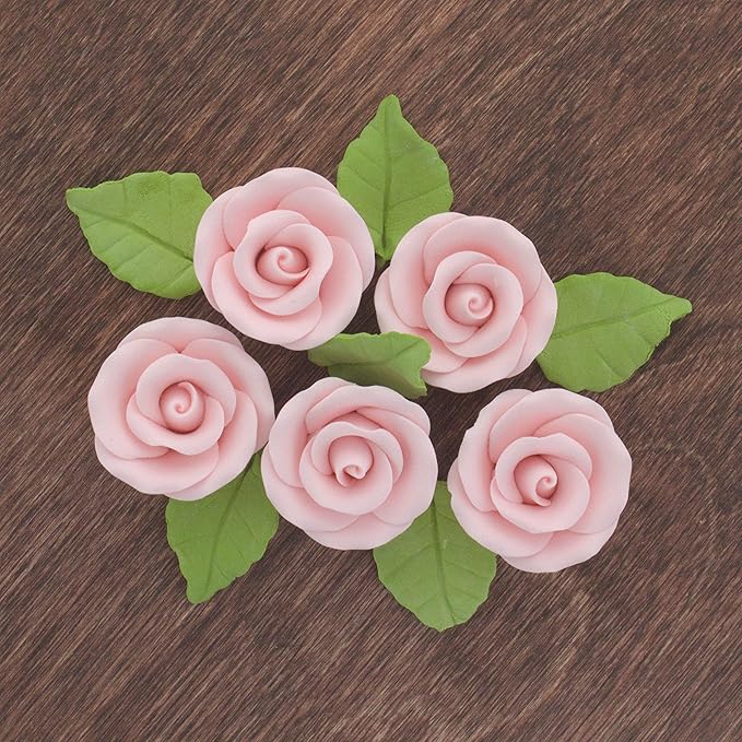 Global Sugar Art Premium Wedding & Party Edible Rose Cake & Cupcake Sugar Flowers, Pink, 24 Count with Leaves by Chef Alan Tetreault