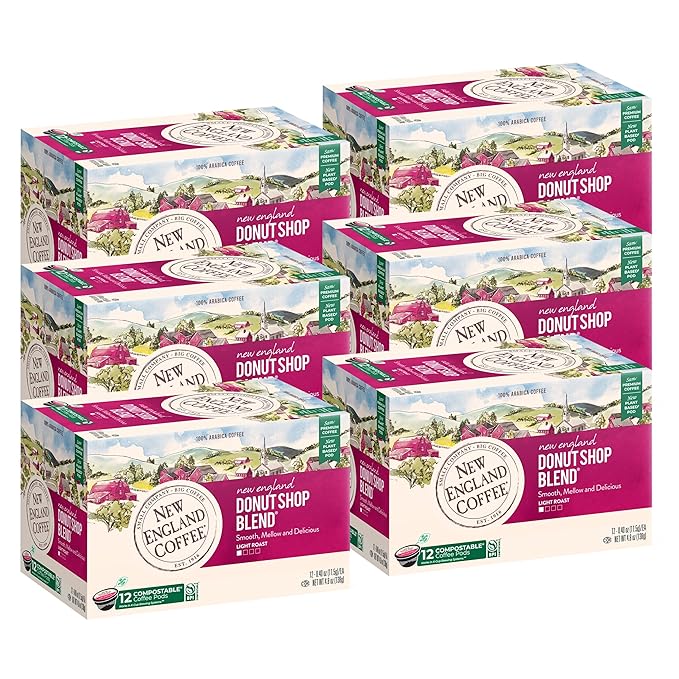 New England Coffee Donut Shop Blend Light Roast Single Serve Pods, 12ct Box (Pack of 6)