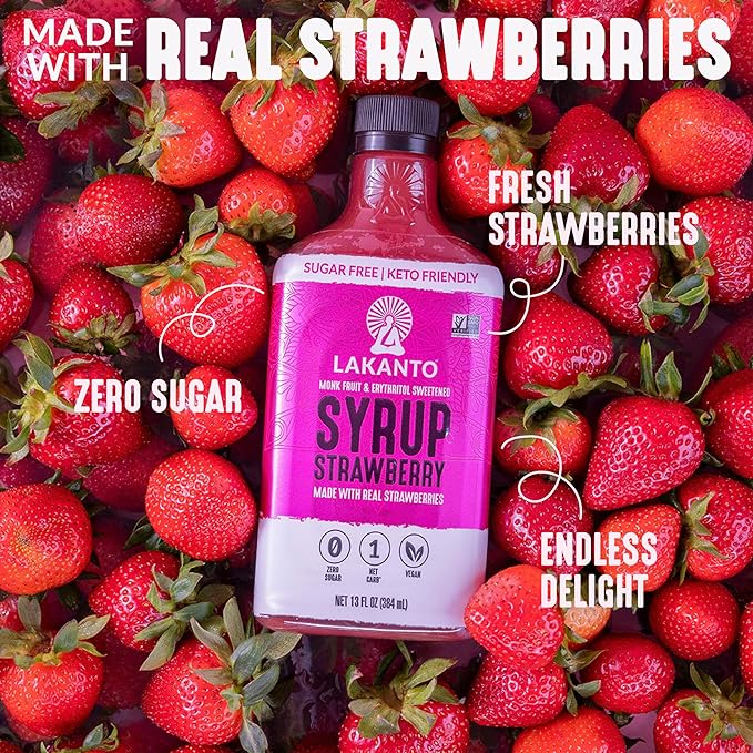 Lakanto Sugar Free Strawberry Syrup - Sweetened with Monk Fruit Sweetener and Erythritol, Made with Real Strawberries, Perfect for Pancakes, Waffles, French Toast, Ice Cream, Lemonade, Desserts, Snacks, and more - 13 fl oz