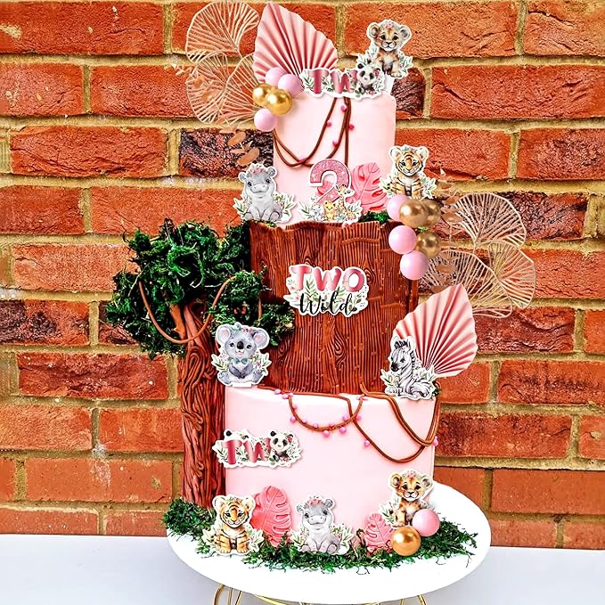 40 PCS Two Wild Cake Topper 2nd Birthday Party Girl Safari Animal Cake Decorations Pink Two Wild 2 Birthday Decor Jungle Cake Toppers Baby Shower