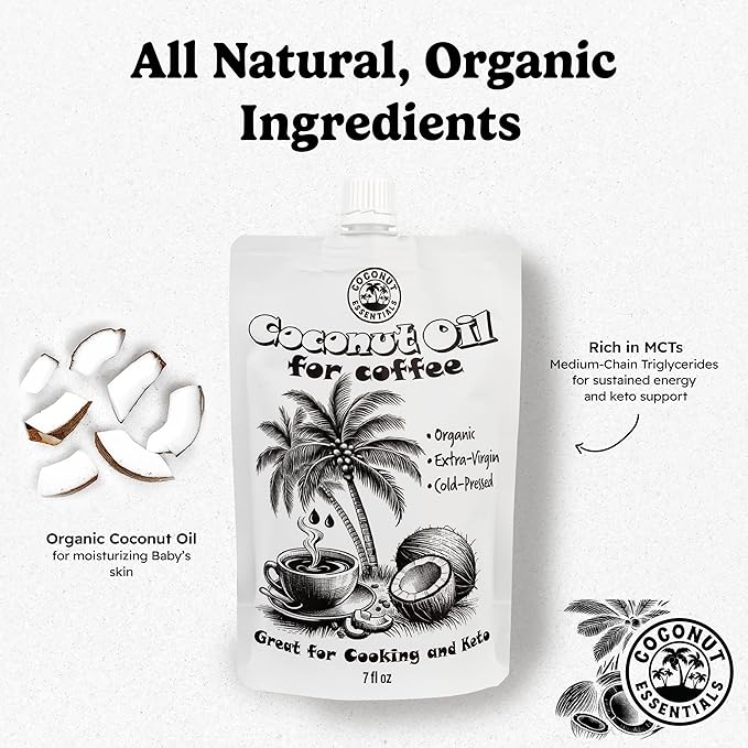 Coconut Essentials - Organic Coconut Oil for Coffee, Cold-Pressed, MCT Oil for Weight Loss, Brain & Digestive Health, Keto-Friendly, Natural Slim, 1 Pouch, 7 fl oz