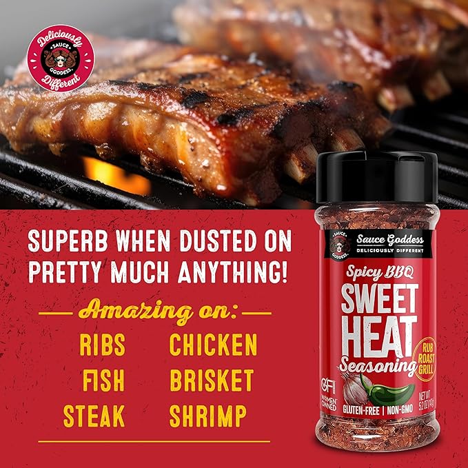 Sauce Goddess - Spicy BBQ Sweet Heat Spice Shaker - Barbeque Rub with Brown Sugar, Garlic, and Sweet Seasonings for Cooking - 5.2 oz