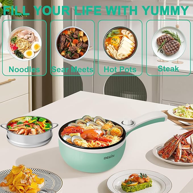 Dezin Hot Pot Electric with Steamer Upgraded, Non-Stick Saut챕 Pan, Rapid Noodles Electric Pot, 1.5L Mini Pot for Steak, Egg, Fried Rice, Ramen, Oatmeal, Soup with Power Adjustment