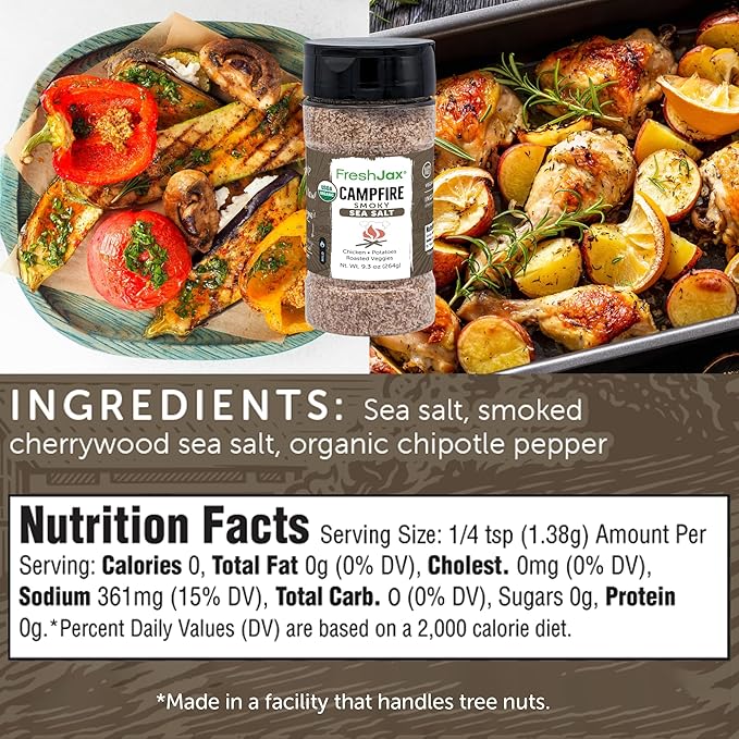 FreshJax Organic Campfire Smokey Sea Salt | 9.3 oz Large Bottle | Smoked Sea Salt with Chipotle Pepper | Non-GMO, Gluten-Free, Keto, Paleo, Vegan | Gourmet Seasoning for Meat, Veggies, Fish & Popcorn
