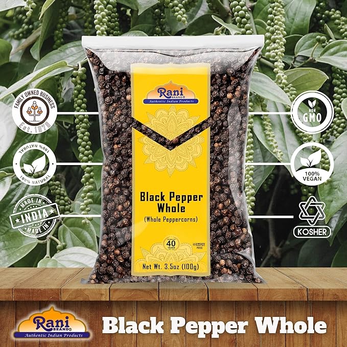 Rani Black Pepper Whole (Peppercorns), Premium MG-1 Grade 3.5oz (100g) ~ All Natural | Gluten Friendly | Non-GMO | Kosher | Product of Vietnam | Perfect size for Grinders!