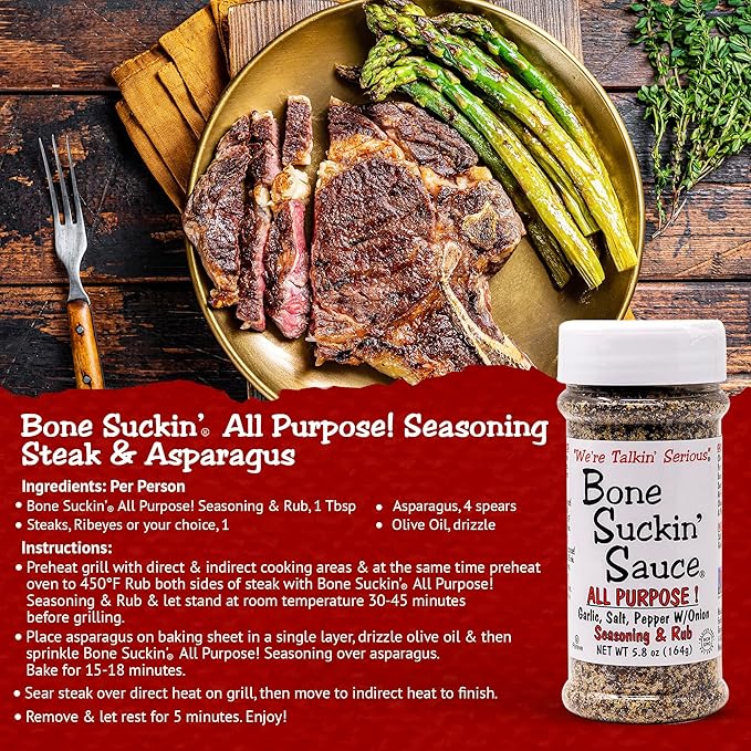 Bone Suckin' All Purpose Seasoning & Rub, Zero Calorie, Sugar Free, Gluten Free, Non GMO, No MSG, Kosher, Garlic, Salt, Pepper & Onion