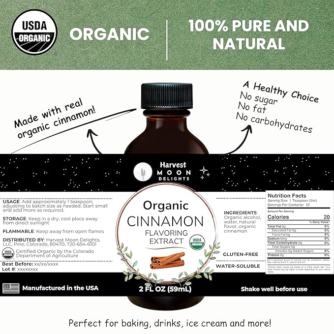Organic Cinnamon Flavoring Extract for Baking, Ice Cream, Drinks, and Candy - 2 oz - Water-Soluble - By Harvest Moon Delights - Pure Cinnamon Extract, Flavoring, Flavor
