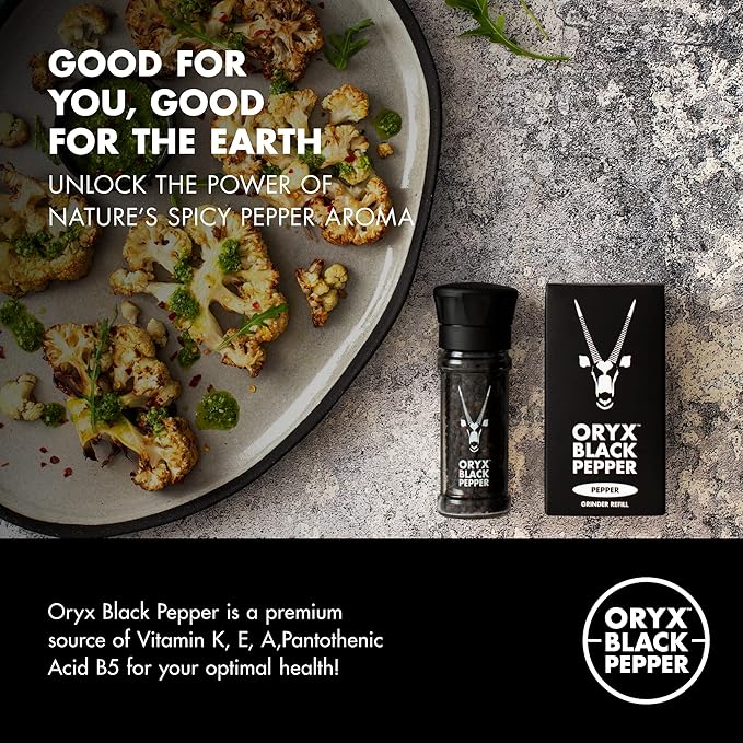 Oryx Black Pepper Grinder - 1.26oz - Manual Refillable Grinder with Premium Whole Black Peppercorns from Madagascar - Perfect for Home Cooking & Gourmet Meals - refillable reusable +20x grinder head
